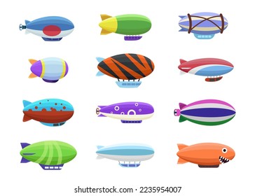 Different colorful designs of blimps vector illustrations set. Collection of cartoon drawings of airships with different patterns isolated on white background. Aviation, transportation concept