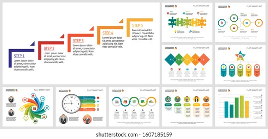 Different colorful diagram template set for monthly analysis, annual report, presentation, web design. Business and development concept with step diagram, flow, bar, and process charts.