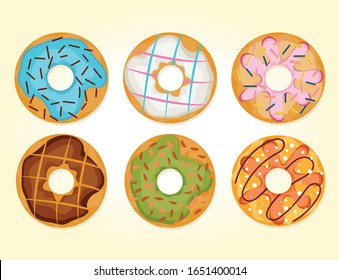 Different colorful donuts set as vector cartoon illustrations, isolated on a yellow background.