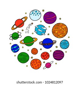 Different colorful doodle fantastic space planets composed in circle shape.