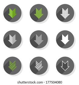 different colorful down direction arrow set round gray flat modern icon set isolated on white background