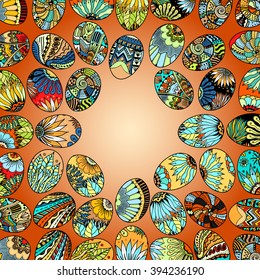 Different colorful Easter eggs background. Happy Easter lettering. Vector illustration.