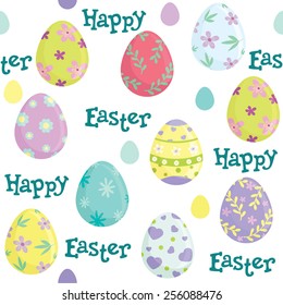 Diferentes huevos de Pascua coloridos patrón sin fisuras. Felices letras de Pascua. Ilustración vectorial.