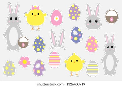 Different colorful easter pictures for children, fun education game for kids, preschool activity, set of stickers, vector illustration
