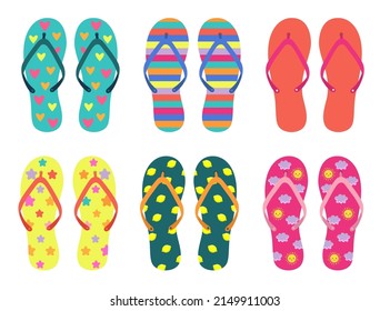 Different colorful flip flops flat vector illustrations set. Rubber slippers with different graphic patterns for walking in street or on beach on white background. Footwear, shoes, summer concept