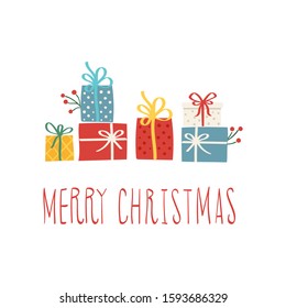 Different Colorful gift box with ribbon Christmas post card