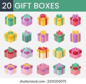 Different colorful gift boxes and presents with ribbon flat icon set. Collection vector illustration for birthday, surprise, festive, holiday, celebration. Isolated on white background.