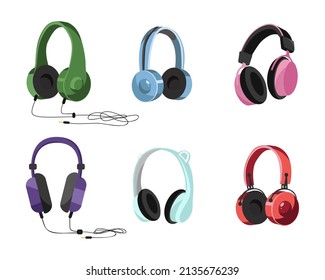 Different colorful headphones vector illustrations set. Collection of cartoon drawings of headsets or earphones for listening to music on white background. Music, technology, entertainment concept