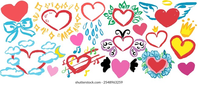 Different colorful hearts with wings, clouds, crown, sparkles. Vector graphic isolated, doodle, hand draw, with texture. Funny and original.