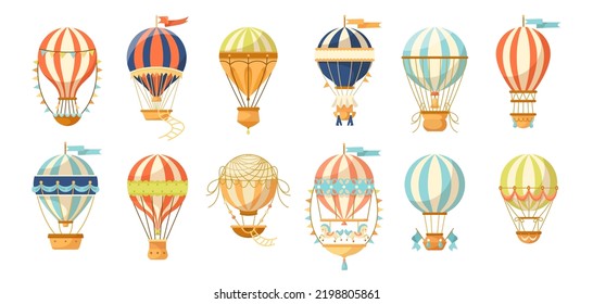 Different colorful hot air balloons vector illustrations set  Cartoon drawings vintage transport aerostat  baby shower decoration isolated white background  Transportation  journey concept