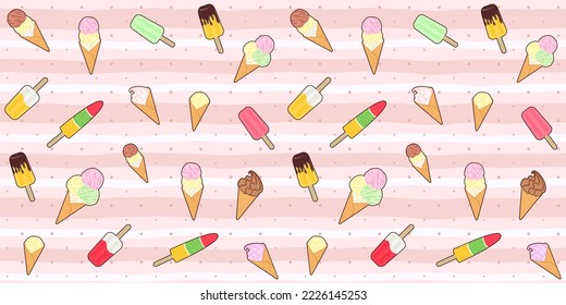 Different colorful ice cream cone and popsicle on a striped pink background with polka dots. Summer food and dessert. Vector seamless pattern for ice cream shop, confectionery, wrapping paper or print