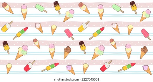 Different colorful ice cream cone and popsicle on a soft striped background with dots. Summer food and dessert. Vector seamless pattern for ice cream shop, sweet shop, confectionery and wrapping paper