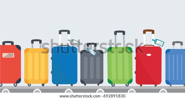 different colorful luggage bag. suitcase set on\
conveyor belt. Baggage claim at terminal airport  travel bags\
vector background flat design. cover page cartoon. concept &\
creative vacation\
holiday