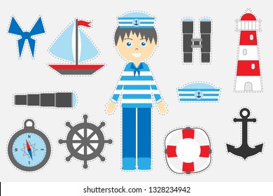 Different colorful marine pictures for children, fun education game for kids, preschool activity, set of stickers, vector illustration