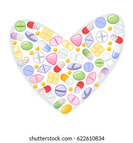 Different colorful medical pills capsules and tablets in heart. Medications collection. Vector illustration in cartoon flat style.