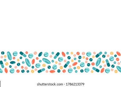 Different colorful pills or drugs seamless border on white. Flat vector illustration in cartoon style.