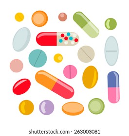 Different colorful pills and vitamins icons set isolated on white background, vector illustration. Heap of capsules