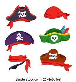 Different colorful pirate hats vector illustrations set. Collection of cartoon drawings of pirate headwear isolated on white background. History, pirates, accessories, Halloween concept