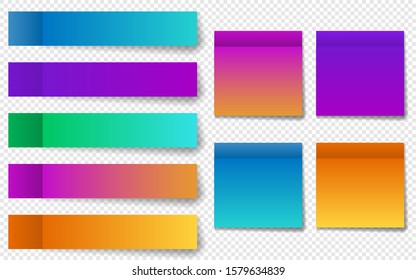 Different colorful post note stickers, vector collection. Sticky tapes with shadow template. Color gradient stickers. EPS 10