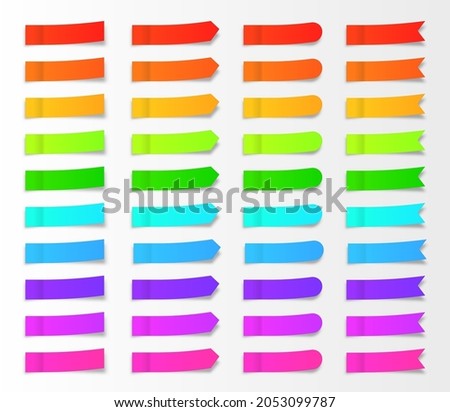 Different colorful post note stickers. Arrow flag tabs. Colorful sticky paper sheets. Set of vector paper bookmarks of different shapes - rectangle, arrow, flag.