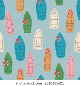 Different colorful river boats. Vector seamless pattern for design, printing, fabric printing templates.