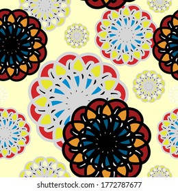 Different colorful round on light yellow background. Vector seamless pattern.