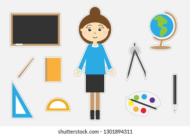 Different colorful school pictures for children, fun education game for kids, preschool activity, set of stickers, vector illustration