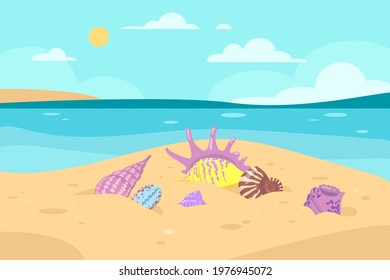 Different colorful seashells on seashore vector illustration. Seashells of various shapes in sand, sea or ocean, sunny weather, blue sky, clouds. Holiday, vacation, summer, traveling concept