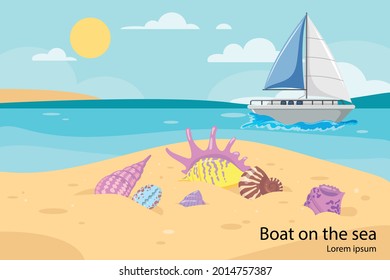 Different colorful seashells on seashore vector illustration. Seashells of various shapes in sand, sea or ocean, sunny weather, blue sky, clouds. Holiday, vacation, summer, traveling concept