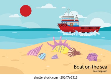 Different colorful seashells on seashore vector illustration. Seashells of various shapes in sand, sea or ocean, sunny weather, blue sky, clouds. Holiday, vacation, summer, traveling concept