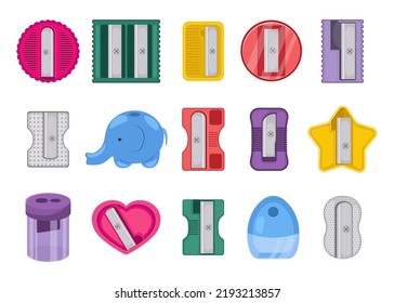 Different colorful sharpener vector illustrations set. Collection of cartoon drawings of devices of different shapes for sharpening pencils isolated on white background. Education, stationery