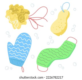 Different colorful sponges for shower vector illustrations set. Accessories or products for bath and bubbles isolated on white background. Hygiene, accessories, beauty, relaxation concept