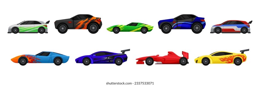 Different Colorful Sport Racing Car Side View Vector Set