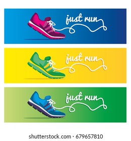 Different colorful sport shoes design. Just run text encouraging to run. Outdoor acticity