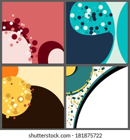 Different, colorful, square backgrounds in set with circles, dots and elipses.