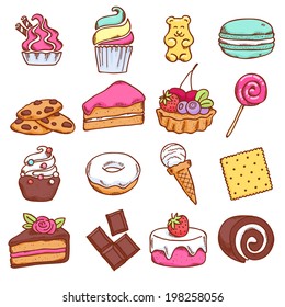 Different colorful  sweets icons set in sketch style.