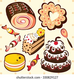 Different colorful sweets. Isolated vector illustration