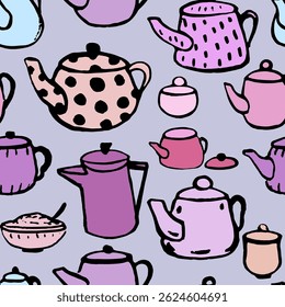 Different colorful tea pots. Seamless pattern, pastel color. Vector, isolated. Hand drawn doodle with texture.