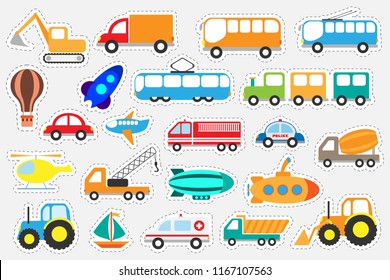 Different Colorful Transport For Children, Fun Education Game For Kids, Preschool Activity, Set Of Stickers, Vector Illustration