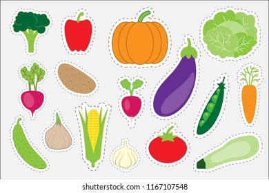 Different colorful vegetables for children, fun education game for kids, preschool activity, set of stickers, vector illustration