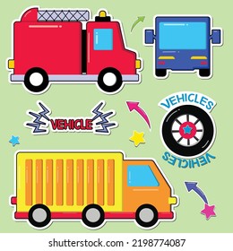 Different colorful Vehicles set of stickers, vector illustration