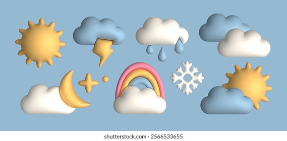 Different colorful Weather icons. Sun, cloud, snow, rain, rainbow, moon. Plasticine, modeling clay cartoon 3D style. Hand drawn modern Vector illustration. Isolated design elements