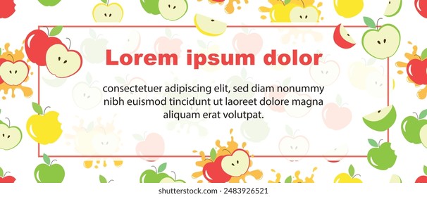 Verschiedene Farben der Äpfel Vektorgrafik Banner Vorlage. Apples Concept Flyer, Layout, Banner oder Kartentext Vorlage. Rote, grüne und gelbe Äpfel Muster. Apfelstücke und -scheiben texturieren bedruckbares Design.