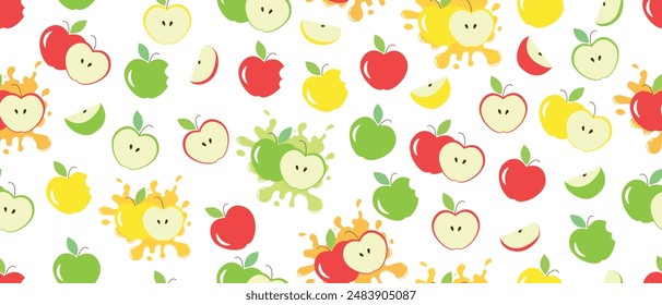 Different colors of apples vector seamless pattern. Whole apples, slices, leaves and apple seeds pattern design. Red, green and yellow apples pattern. Apple pieces and slices texture printable design.