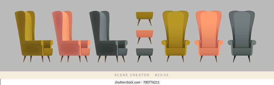 Different colors armchairs. Isolated vector objects. Scene creator set.