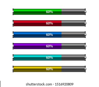 Different colors of Battery Loading progress bar. Vector concept element.