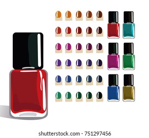 Different colors of bottles of nail polish.