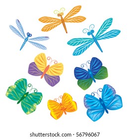 Different colors butterfly and dragonfly set
