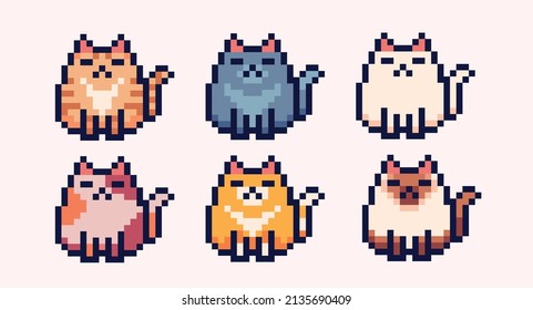 Different colors cats pixel art icon set. Kitty breeds logo collection. 8-bit sprite. Game development, mobile app.  Isolated vector illustration.