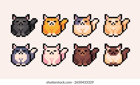 Different colors cats pixel art icon set. Kitty breeds logo collection. 8-bit sprite. Game development, mobile app. Isolated vector illustration.	